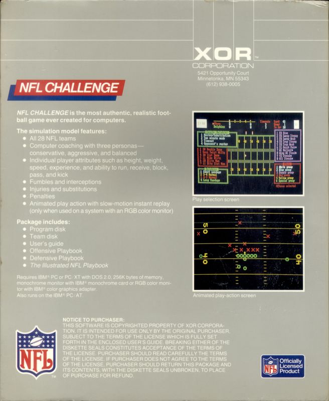 Back Cover for NFL Challenge (DOS)