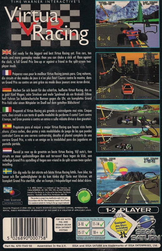 Back Cover for Time Warner Interactive's VR Virtua Racing (SEGA Saturn)