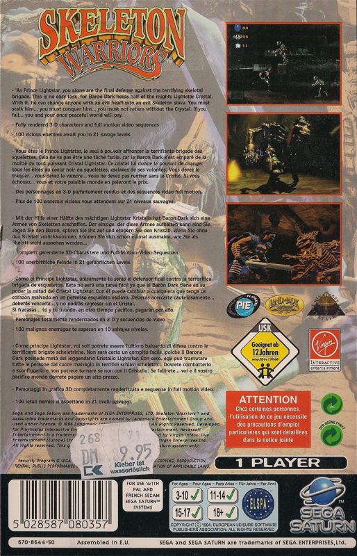 Back Cover for Skeleton Warriors (SEGA Saturn)