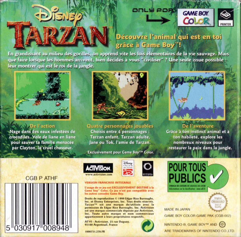 Back Cover for Disney's Tarzan (Game Boy Color)