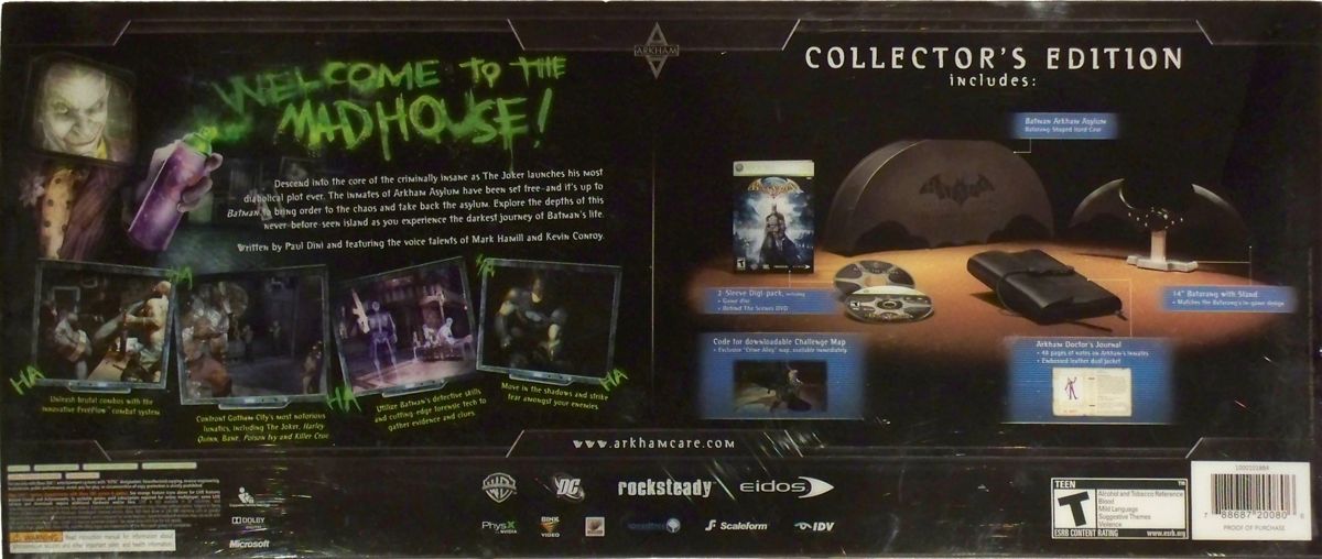 Back Cover for Batman: Arkham Asylum (Collector's Edition) (Xbox 360)