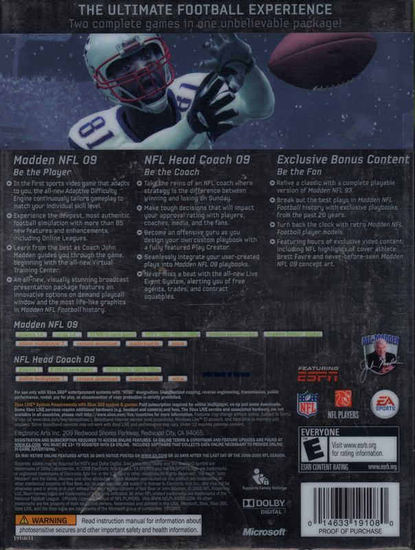 Back Cover for Madden NFL: XX Years (Collector's Edition) (Xbox 360)