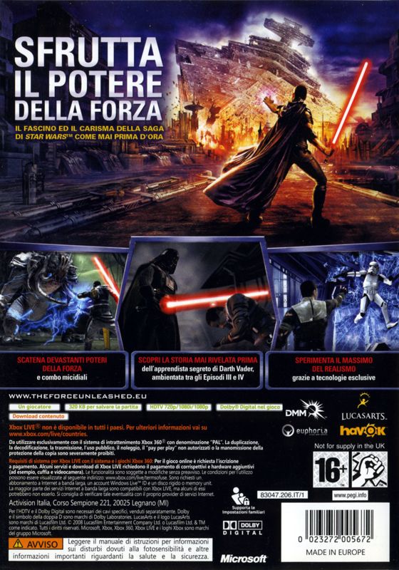 Back Cover for Star Wars: The Force Unleashed (Xbox 360)