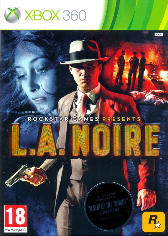 Front Cover for L.A. Noire (Xbox 360) (includes vouchers for "A Slip of the Tongue" (DLC) and the soundtrack): through plastic, with sticker