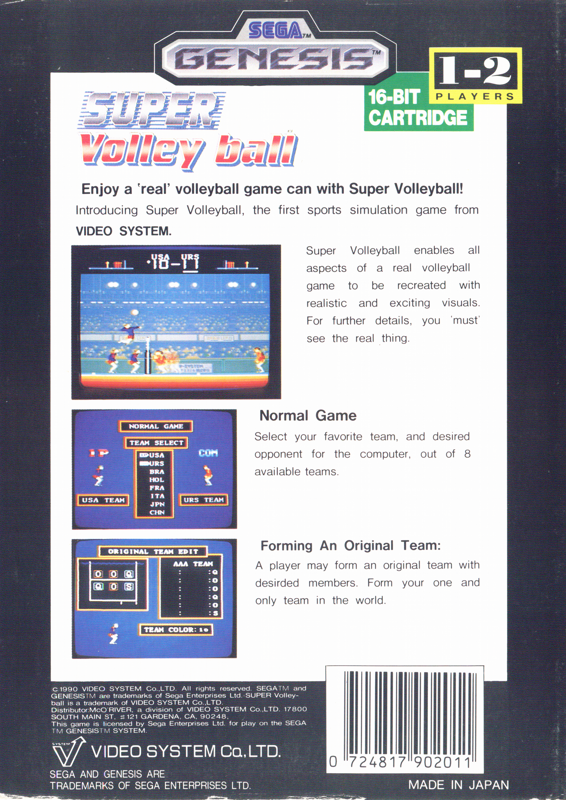 Back Cover for Super Volley ball (Genesis)