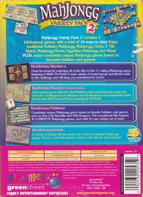 Back Cover for MahJongg Variety Pack 2 (Windows)