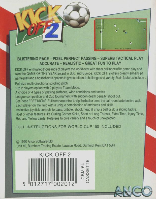 Back Cover for Kick Off 2 (Commodore 64)