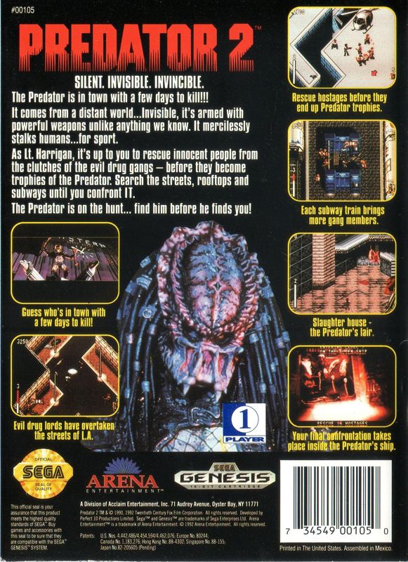 Back Cover for Predator 2 (Genesis)