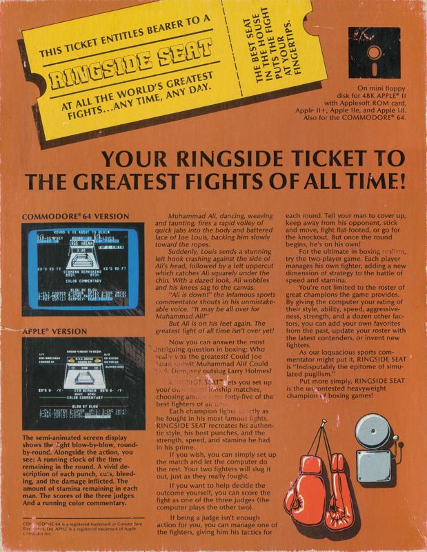 Back Cover for Ringside Seat (Apple II and Commodore 64)