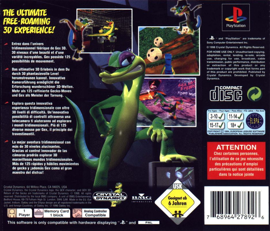 Back Cover for Gex: Enter the Gecko (PlayStation)