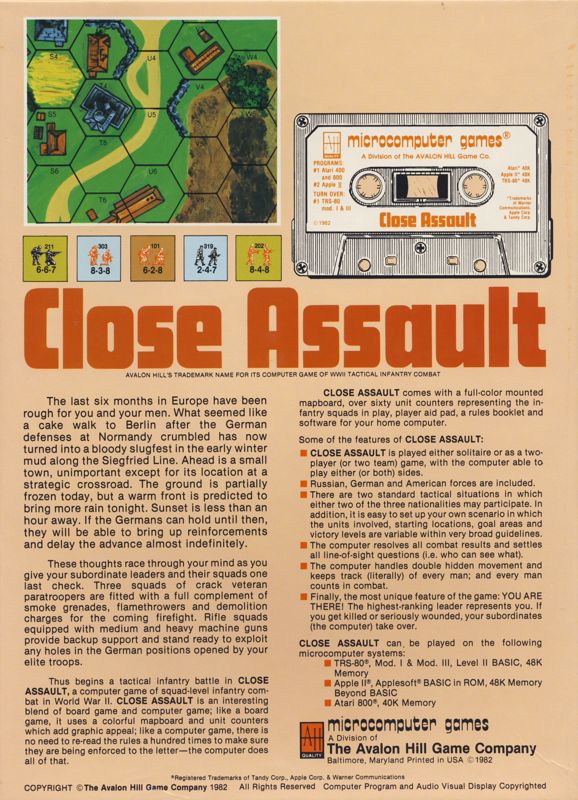 Back Cover for Close Assault (Apple II and Atari 8-bit and TRS-80)