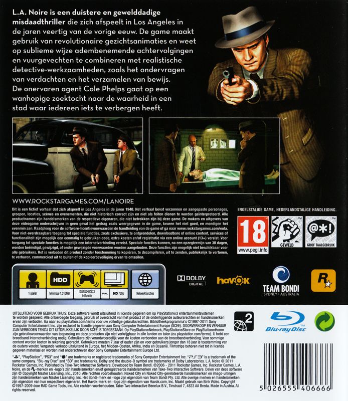 Back Cover for L.A. Noire (PlayStation 3)