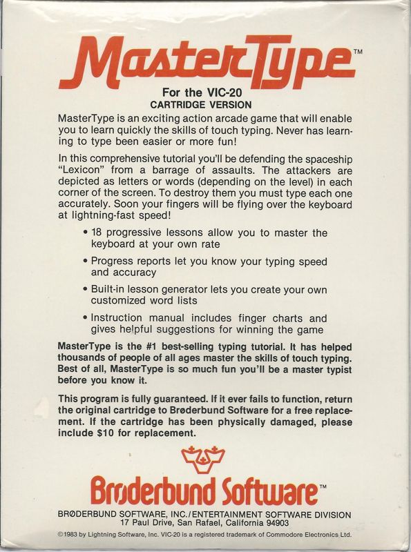 Back Cover for MasterType (VIC-20)