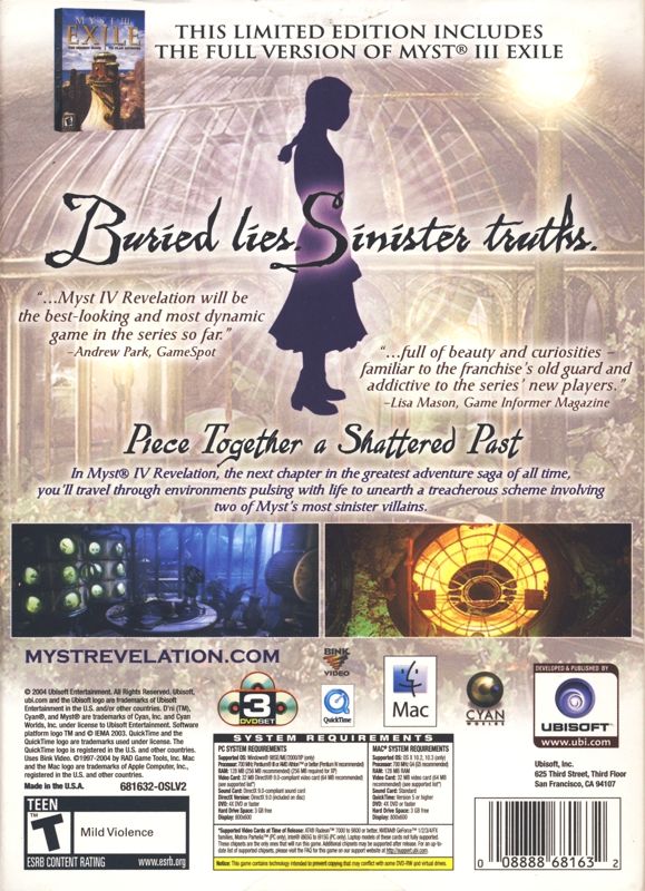 Back Cover for Myst IV: Revelation (Limited Edition) (Macintosh and Windows)