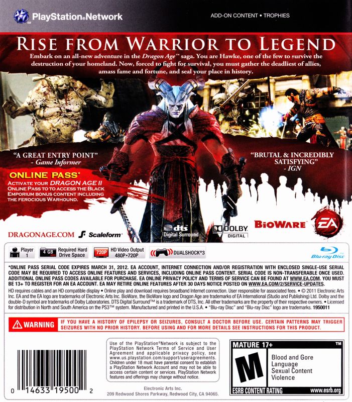 Back Cover for Dragon Age II (PlayStation 3)