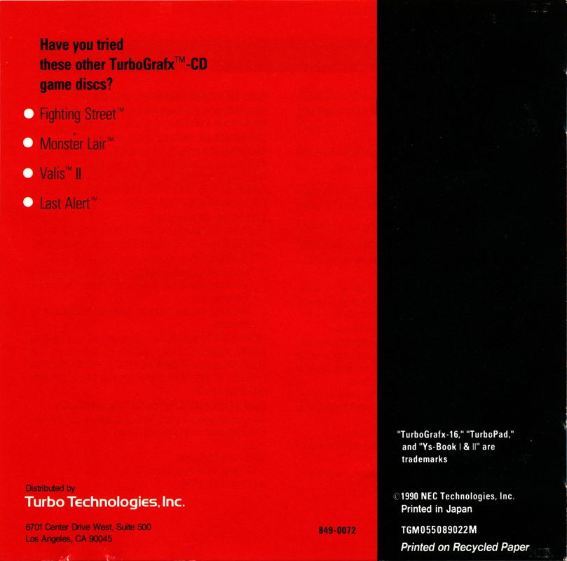 Inside Cover for Ys: Book I & II (TurboGrafx CD)