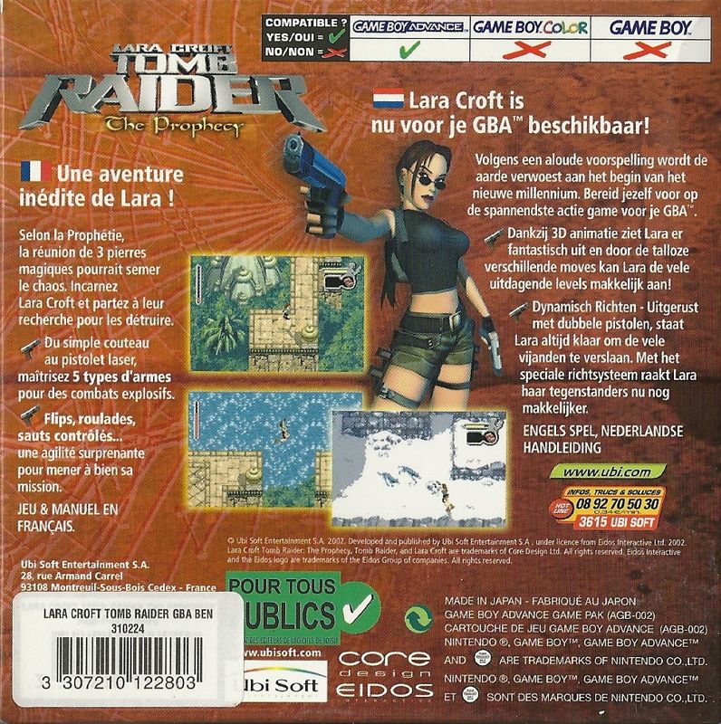 Back Cover for Lara Croft: Tomb Raider - The Prophecy (Game Boy Advance)