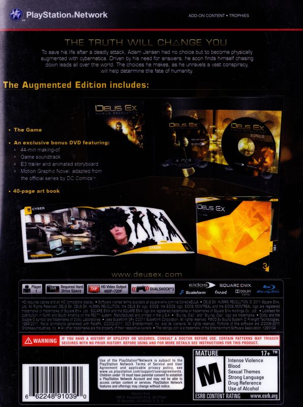 Back Cover for Deus Ex: Human Revolution (Augmented Edition) (PlayStation 3)