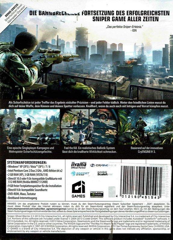 Back Cover for Sniper: Ghost Warrior 2 (Limited Edition) (Windows) (Software Pyramide release)