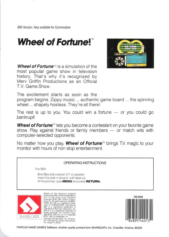 Back Cover for Wheel of Fortune (DOS)