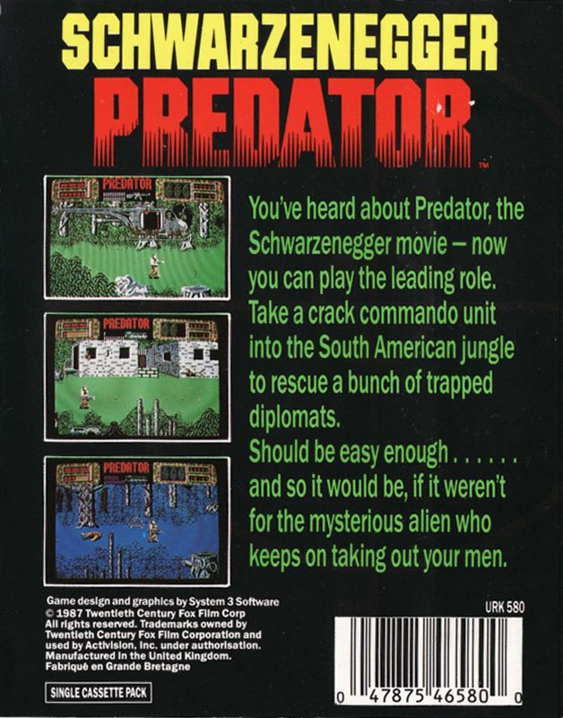 Back Cover for Predator (ZX Spectrum)
