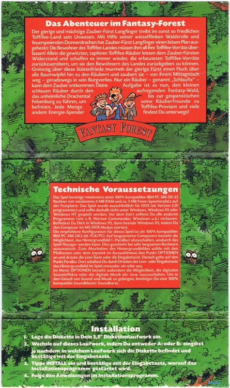 Inside Cover for Toffifee: Fantasy Forest (DOS): Disk Holder without 3,5" Floppy