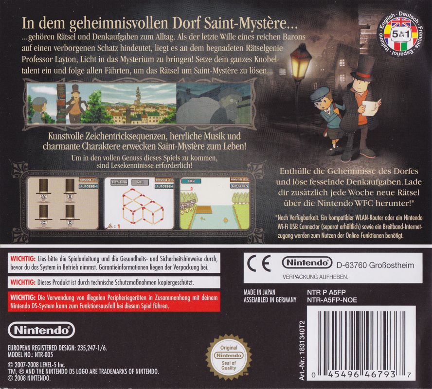 Back Cover for Professor Layton and the Curious Village (Nintendo DS) (Re-release)