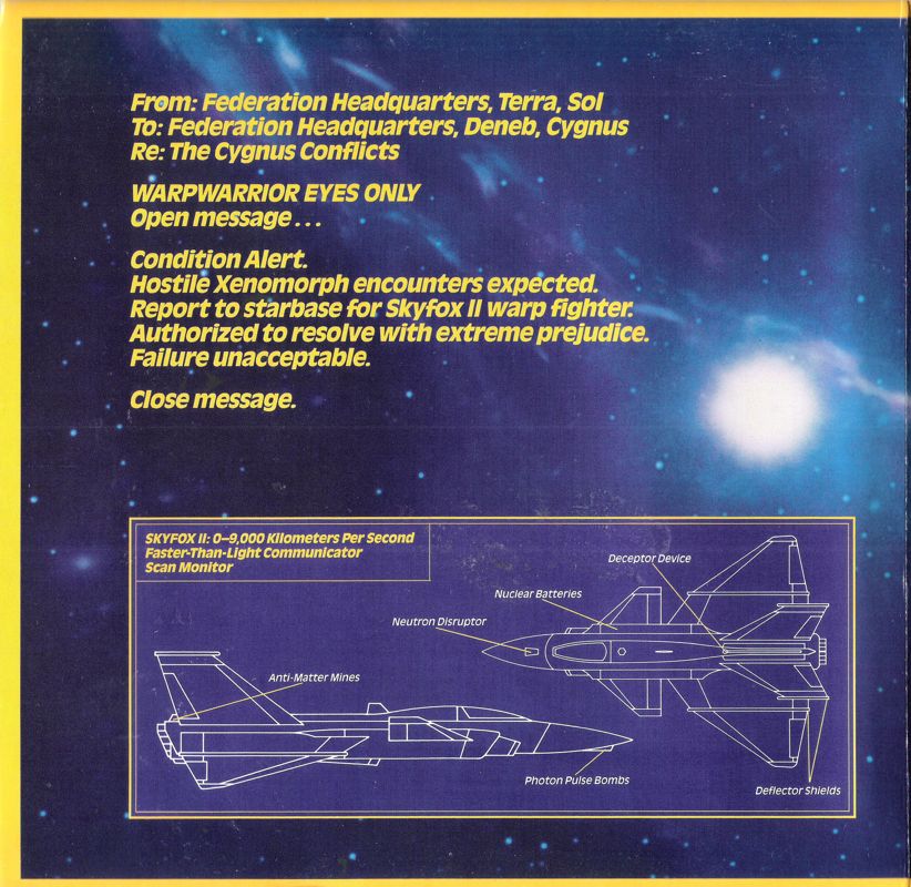 Inside Cover for Skyfox II: The Cygnus Conflict (DOS) (5.25" Release): Left