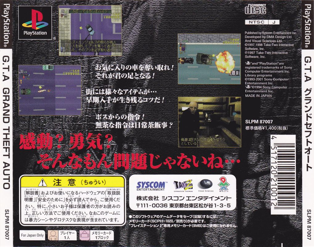 Back Cover for Grand Theft Auto (PlayStation) (Pokkiri 1400 Series release)