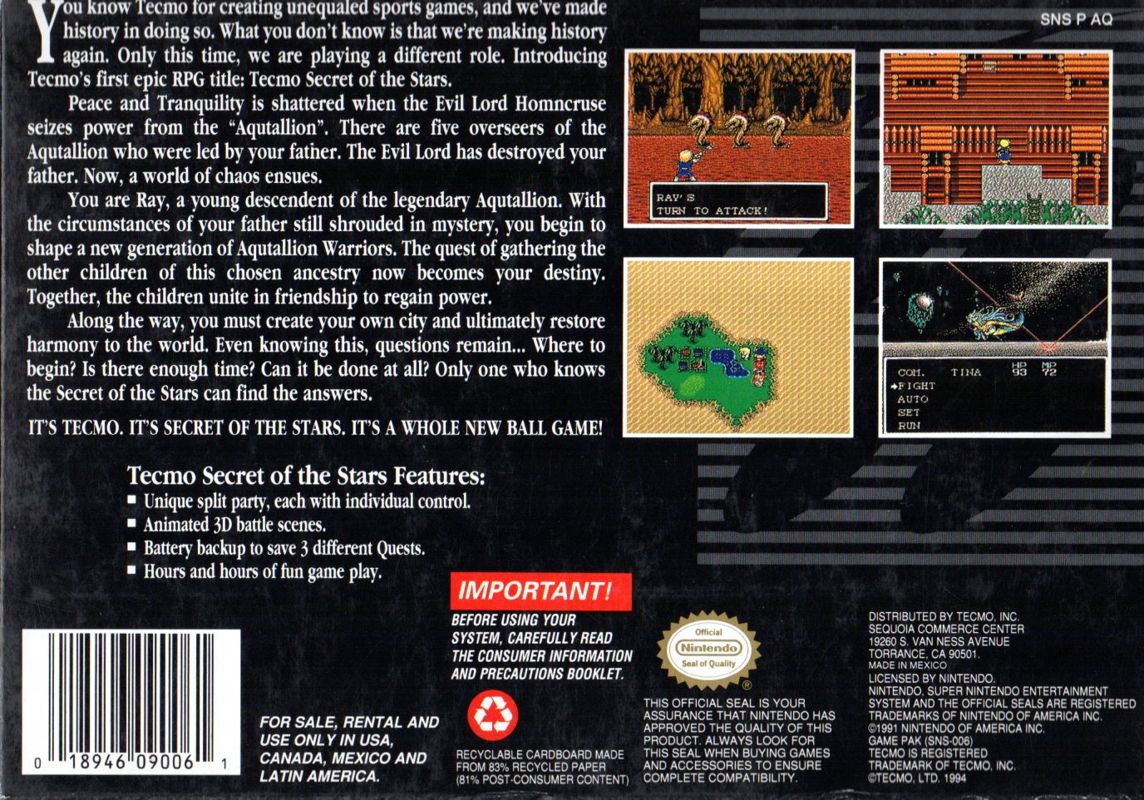 Back Cover for Tecmo Secret of the Stars (SNES)