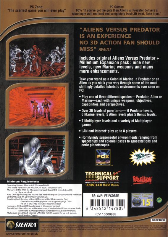 Back Cover for Aliens Versus Predator: Gold Edition (Windows) (BestSeller Series release)