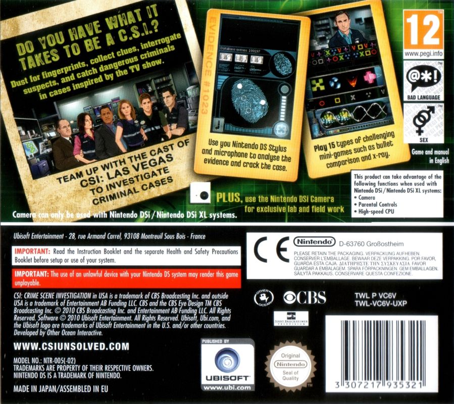 Back Cover for CSI: Crime Scene Investigation - Unsolved! (Nintendo DS)