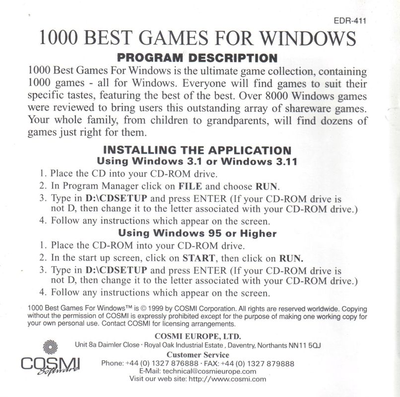 Inside Cover for 1000 Best Games for Windows (Windows 3.x)