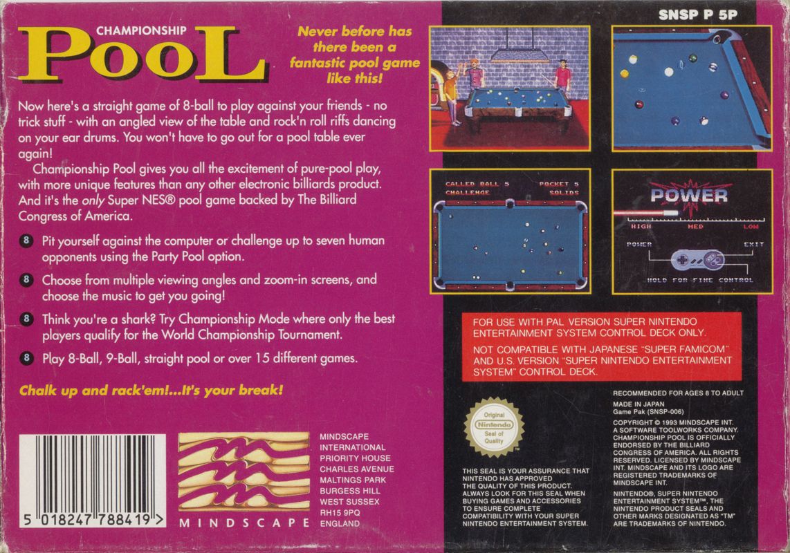Back Cover for Championship Pool (SNES)