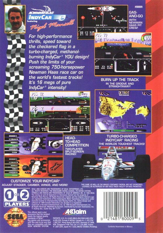 Back Cover for Newman/Haas IndyCar featuring Nigel Mansell (Genesis)