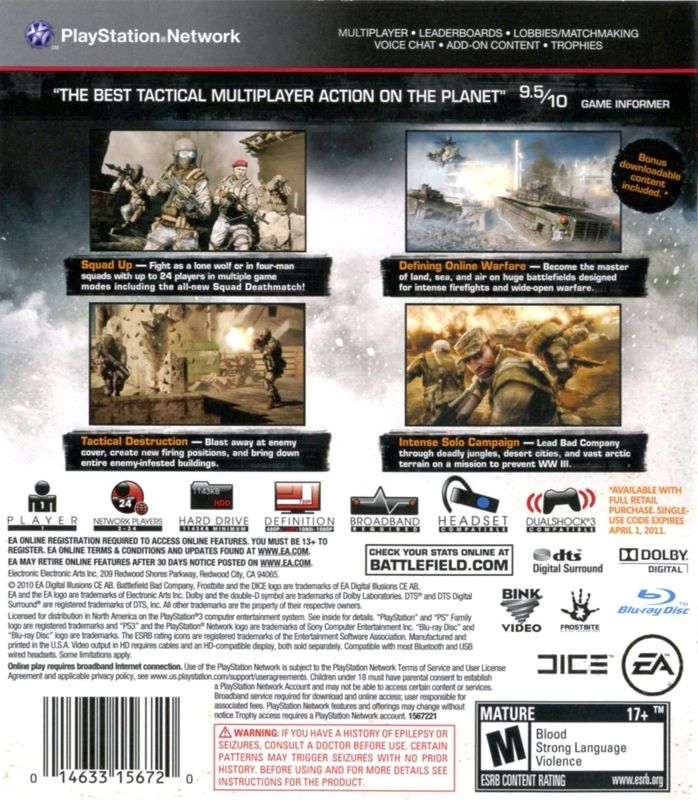 Back Cover for Battlefield: Bad Company 2 (PlayStation 3)