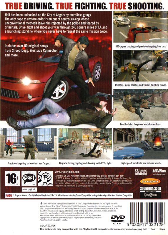 Back Cover for True Crime: Streets of LA (PlayStation 2)