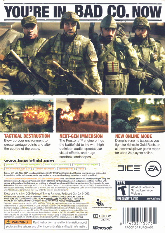 Back Cover for Battlefield: Bad Company (Xbox 360)