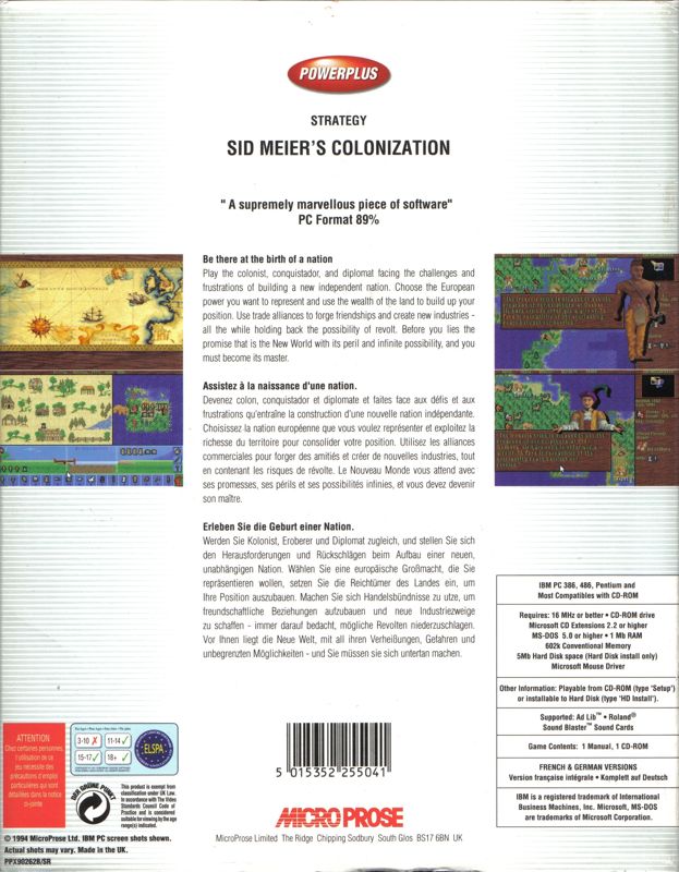 Back Cover for Sid Meier's Colonization (DOS) (Powerplus release)