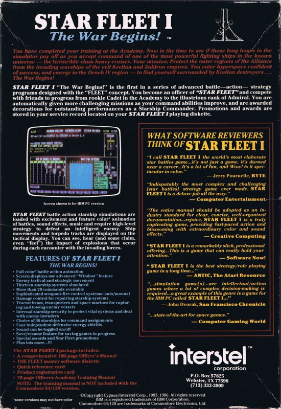 Back Cover for Star Fleet I: The War Begins! (Commodore 64)