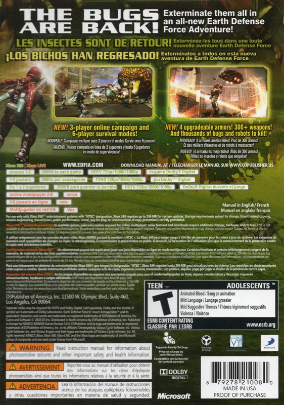 Back Cover for Earth Defense Force: Insect Armageddon (Xbox 360)