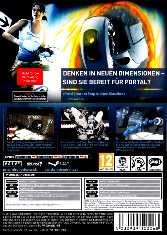 Back Cover for Portal 2 (Macintosh and Windows)
