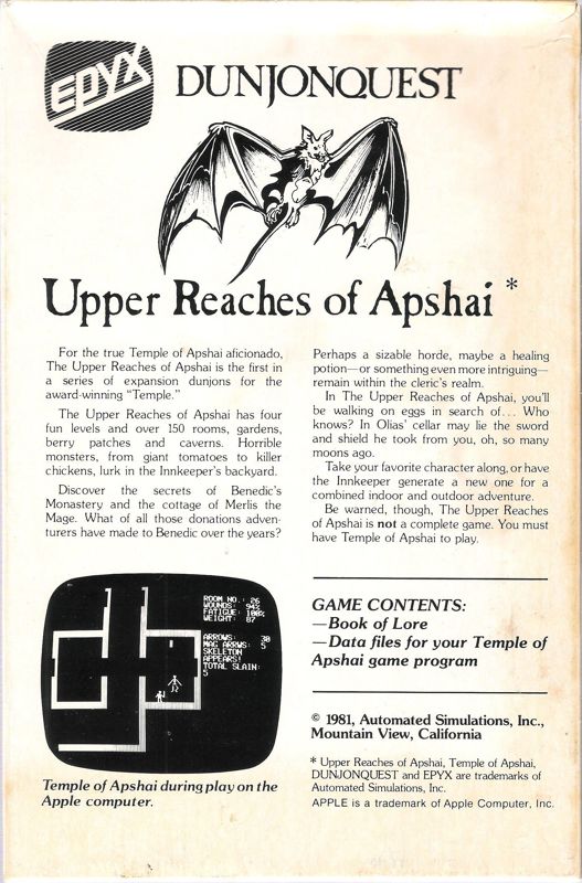 Back Cover for Dunjonquest: Upper Reaches of Apshai (DOS)
