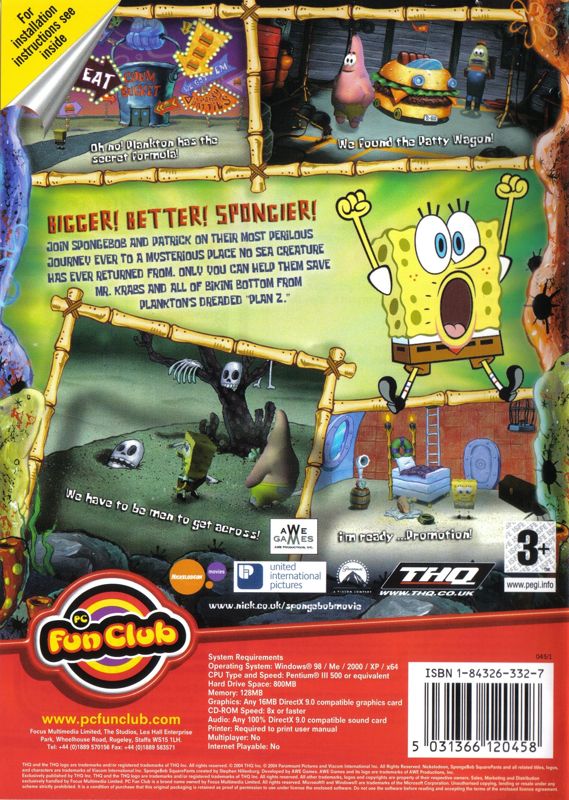 Back Cover for The SpongeBob SquarePants Movie (Windows) (Focus Multimedia's Fun Club release)