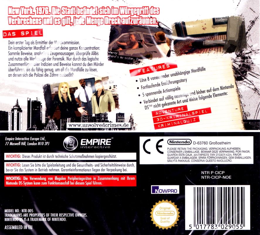 Back Cover for Unsolved Crimes (Nintendo DS)