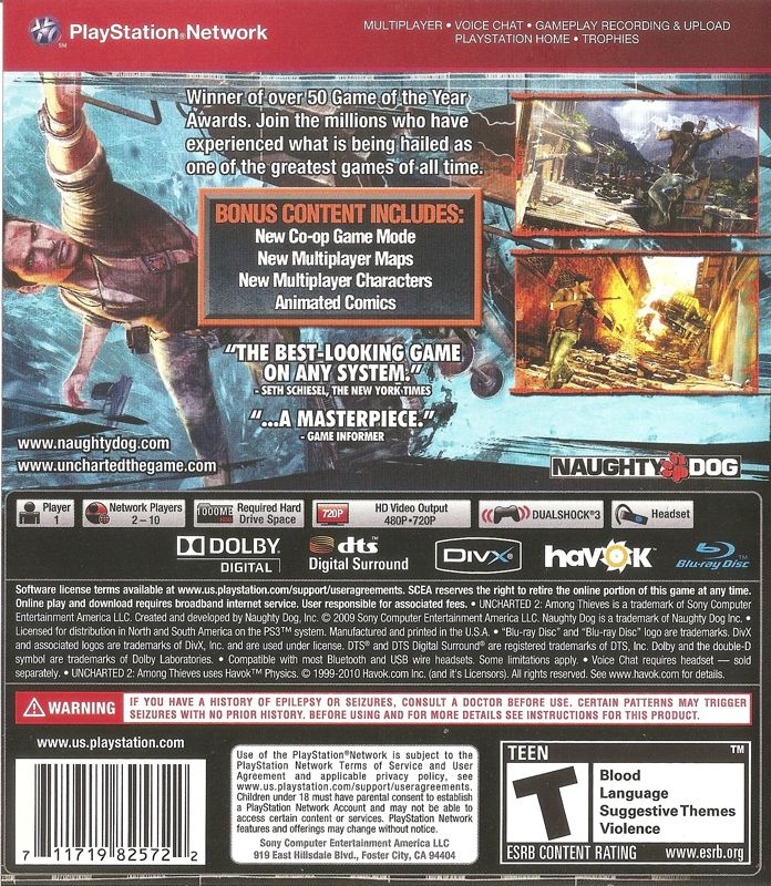 Back Cover for Uncharted 2: Among Thieves - Game of the Year Edition (PlayStation 3) (Greatest Hits release)