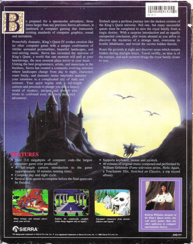 Back Cover for King's Quest IV: The Perils of Rosella (DOS) (Dual Media Release (SCI Version 1.000.106))