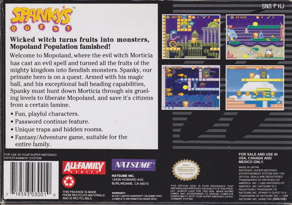 Back Cover for Spanky's Quest (SNES)