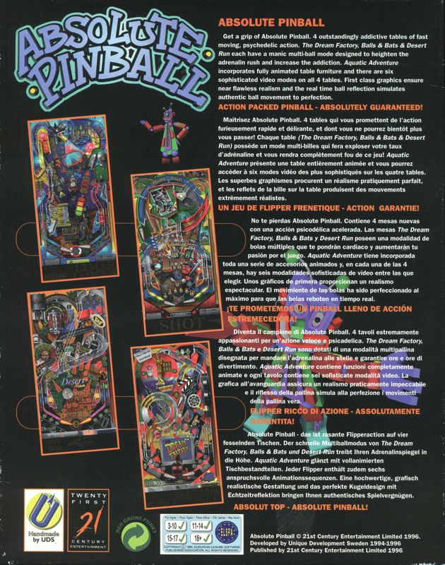 Back Cover for Absolute Pinball (DOS)