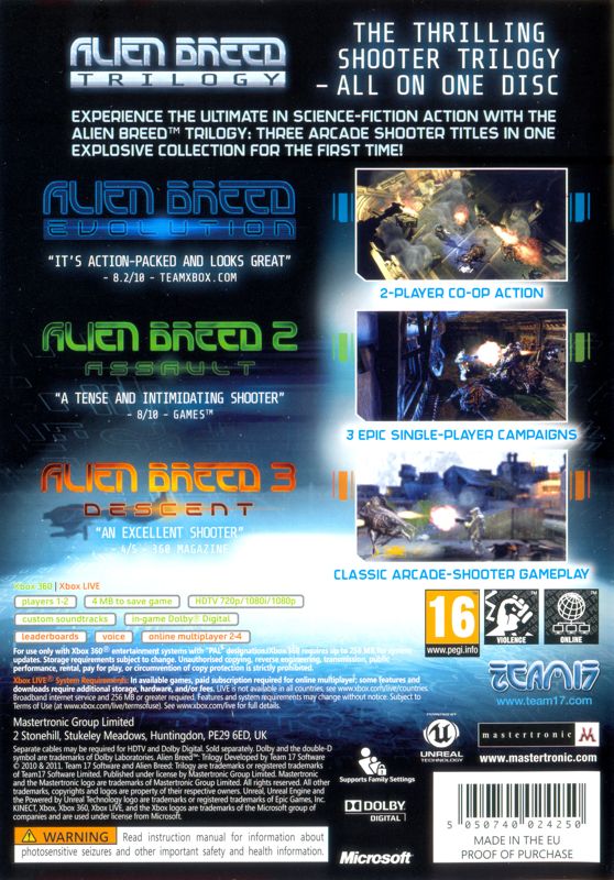 Back Cover for Alien Breed Trilogy (Xbox 360)